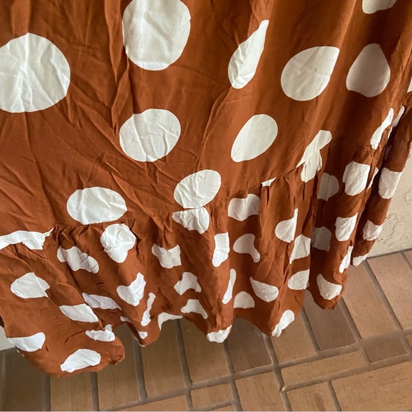 CAITLIN COVINGTON X PINK LILY BLUFF WALK BROWN POLKA DOT OFF THE SHOULDER DRESS - Picture 6 of 15